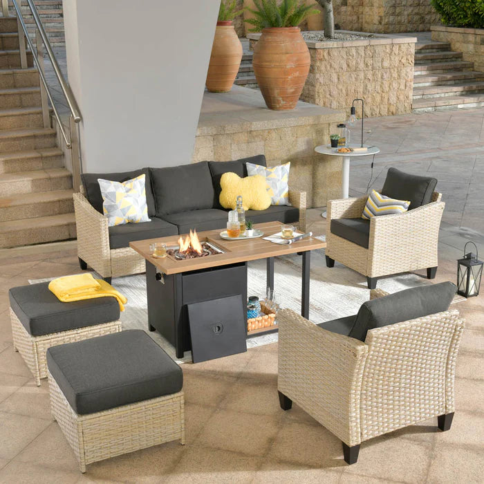 HOOOWOOO Athena Series Outdoor Patio Furniture Set 6-Piece with 46'' Double Layer Rectangle Fire Pit Table