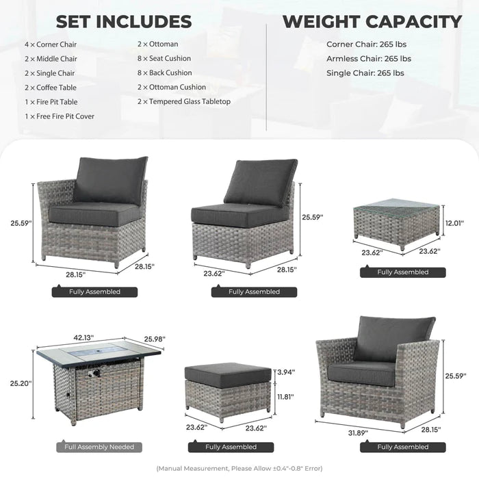 HOOOWOOO New Rimaru Series Patio Furniture Set 12-Piece with 42"Rectangle Fire Pit Table Minimal Assembly