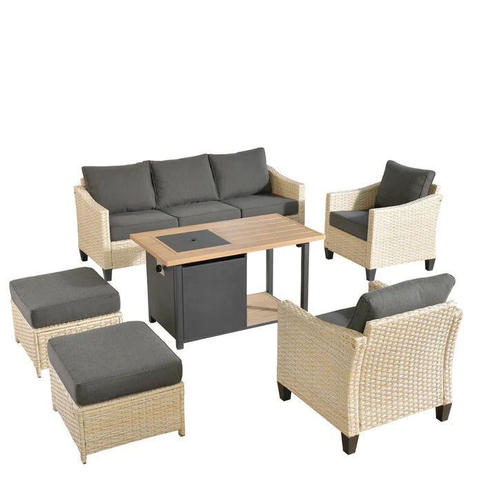 HOOOWOOO Athena Series Outdoor Patio Furniture Set 6-Piece with 46'' Double Layer Rectangle Fire Pit Table