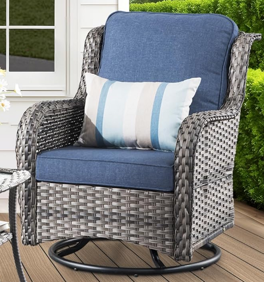 OOSWIFT Outdoor Wicker Swivel Rocking Chair, All Weather High Back Rocking Chair Furniture for Garden, Brown Rattan Navy Blue