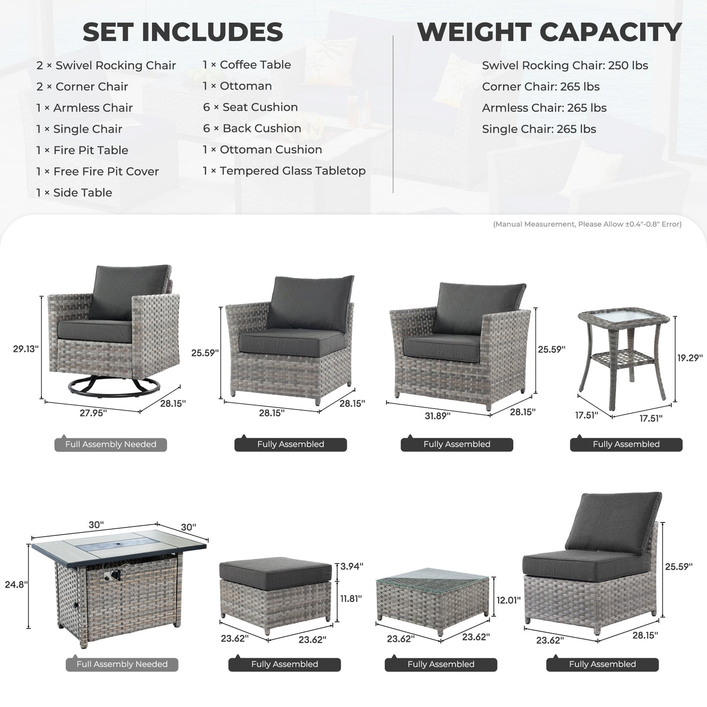 HOOOWOOO Patio Furniture Outdoor Sectional Sofa Sets 10 Pieces no Assembly Required PE Wicker Big Size Patio Sofa with Cushion and Coffee Table