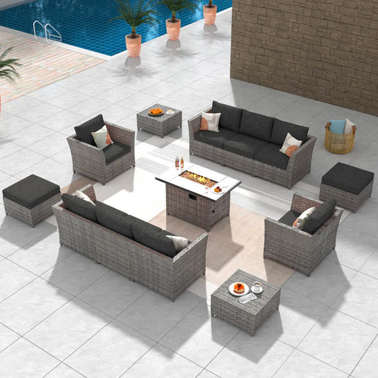 HOOOWOOO New Rimaru Series Patio Furniture Set 12-Piece with 42"Rectangle Fire Pit Table Minimal Assembly