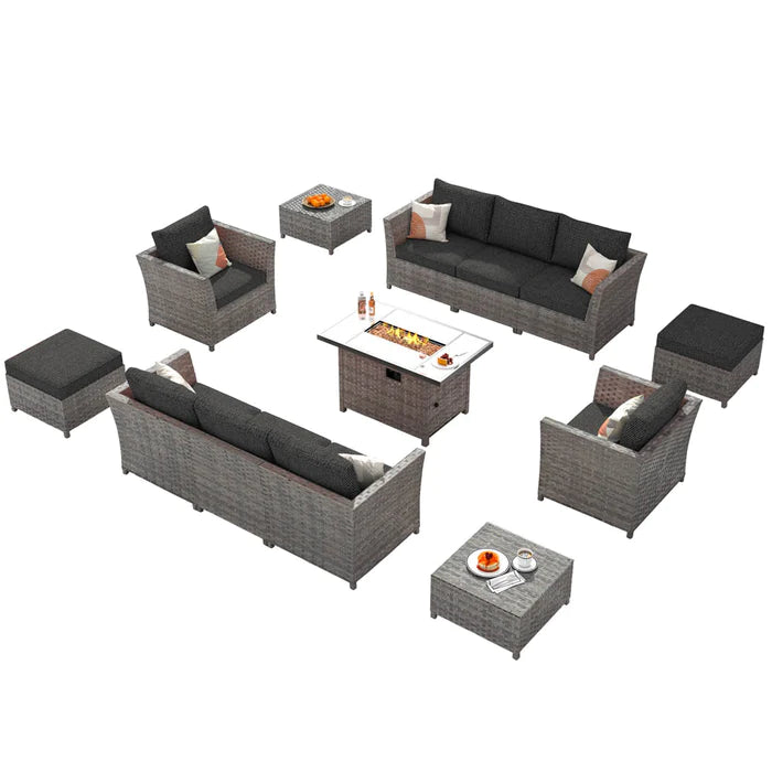 HOOOWOOO New Rimaru Series Patio Furniture Set 12-Piece with 42"Rectangle Fire Pit Table Minimal Assembly